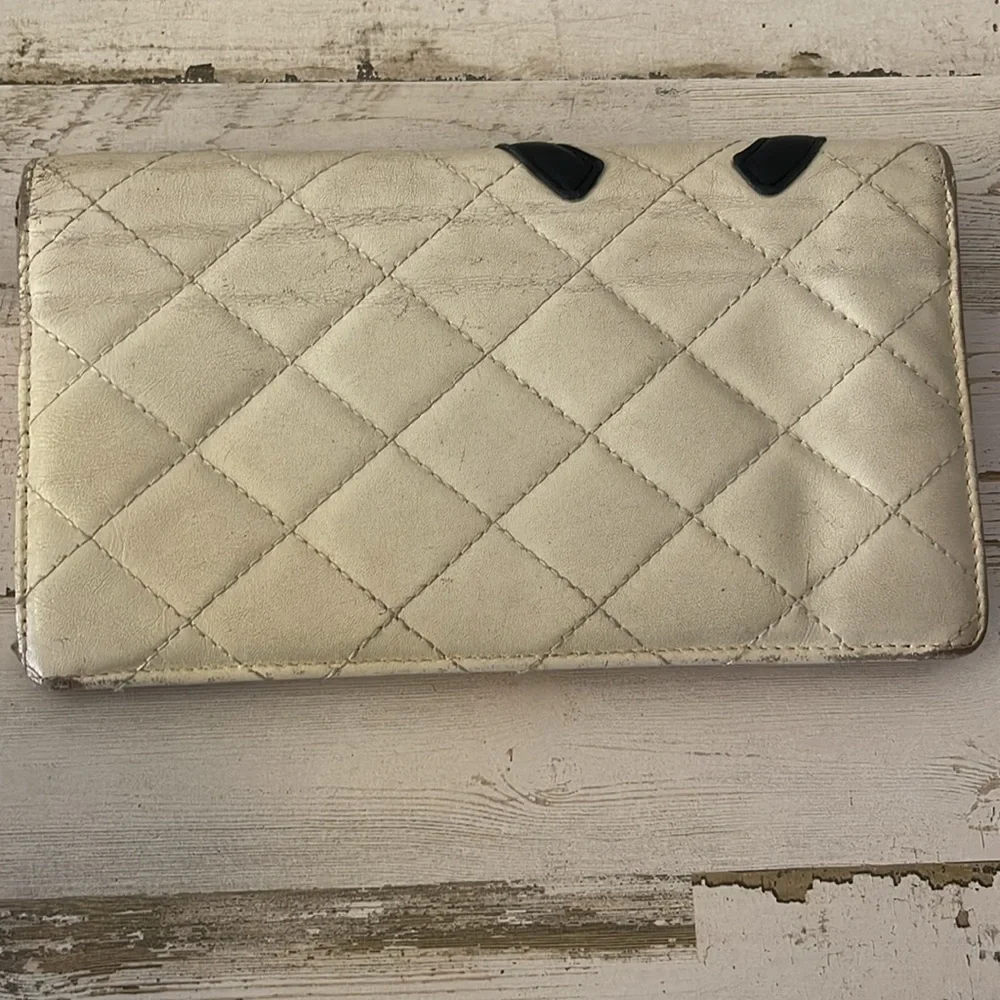 CHANEL Cambon Long Wallet White Quilted Leather Black CC Pink Interior